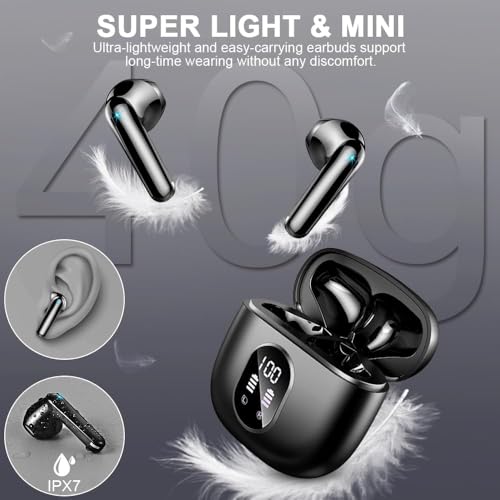 Wireless Earbuds, Bluetooth 5.3 Headphones in Ear 50H Playback Hi-Fi Stereo Ear Buds 4 ENC Mics, Bluetooth Earbud LED Display Charging Case 2024 Wireless Earphones IP7 Waterproof Sport for Android iOS - color: Deep Black