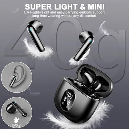 Wireless Earbuds, Bluetooth Headphones, Stereo Bass Ear Buds with ENC Noise Cancelling Mics, Bluetooth Earbuds with LED Display Charging Case, IP7 Waterproof Earphones for Android iOS/Glossy black - color: Glossy black