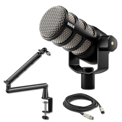 Rode PodMic Dynamic Broadcast Microphone Bundle with StreamEye Lowpro Boom Arm and 10-Foot Balanced XLR Cable — Cardioid XLR Studio Mic for Podcasting, Live Streaming, Voice Over, Broadcasting