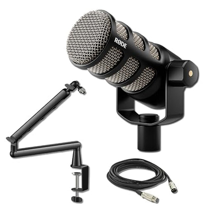 Rode PodMic Dynamic Broadcast Microphone Bundle with StreamEye Lowpro Boom Arm and 10-Foot Balanced XLR Cable — Cardioid XLR Studio Mic for Podcasting, Live Streaming, Voice Over, Broadcasting