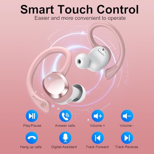 sprtoybat Wireless Earbuds, 2026 New Bluetooth 5.4 Headphones Sport Earphones with 68Hrs Playtime LED Display ENC Noise Cancelling Mic, IPX7 Waterproof Over Ear Ear Buds with Hook for Sports/Running - color: Gold Pink