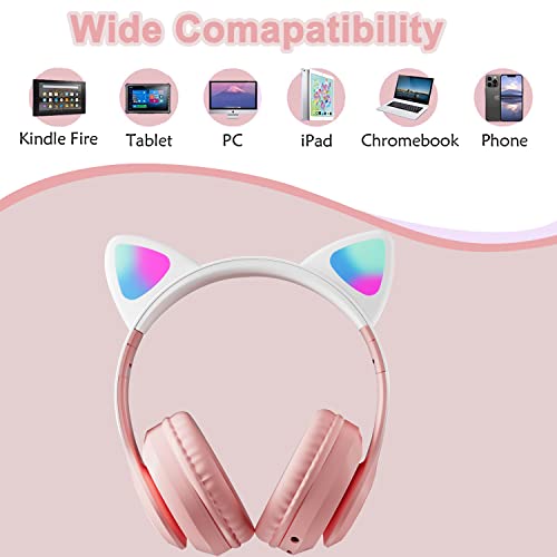 Kids Wireless Bluetooth Headphones with Microphone for School/Travel/Tablet | Cat Ear Headphones; Over Ear Headphones - color: New Pink