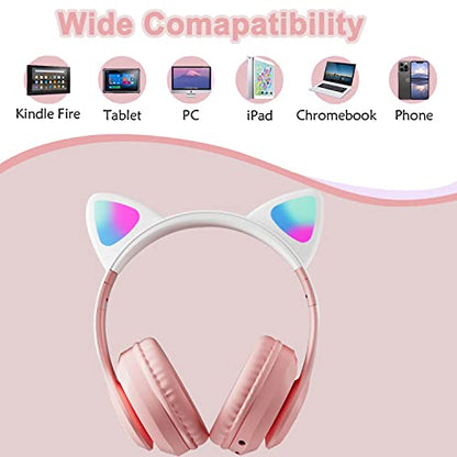 Kids Wireless Bluetooth Headphones with Microphone for School/Travel/Tablet | Cat Ear Headphones; Over Ear Headphones - color: New Pink