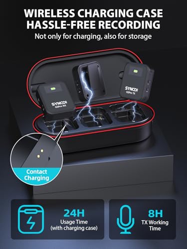 SYNCO G2(A2) Pro Dual Wireless Lavalier Mic with Charging Case 48KHz 24Bit for Vlogging Live Streaming Interviews Lapel Microphone 656FT for Camera Smartphone Tablet | 48kHz/24-bit audio, 656ft wireless range, noise reduction for cameras, phones and table