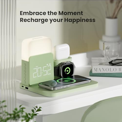 Wireless Charging Station, 7 in 1 Wireless Charger Stand with Dual Alarm Clock, Charging Dock for iPhone16/15/14/13/12/11/Pro/Max/Samsung Phone, Apple Watch 9/8/7/6/5/SE, AirPods/3/2