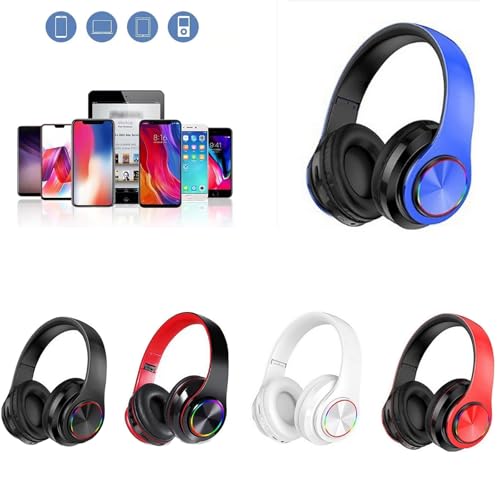 Wireless Bluetooth Headphones with Colorful LED Lights, Blue | Built-in Mic, Light Weight, Foldable, Wired HiFi Stereo Headphones for Classroom/Home Office/PC/Mobile Phone/Kids Adult - color: Blue