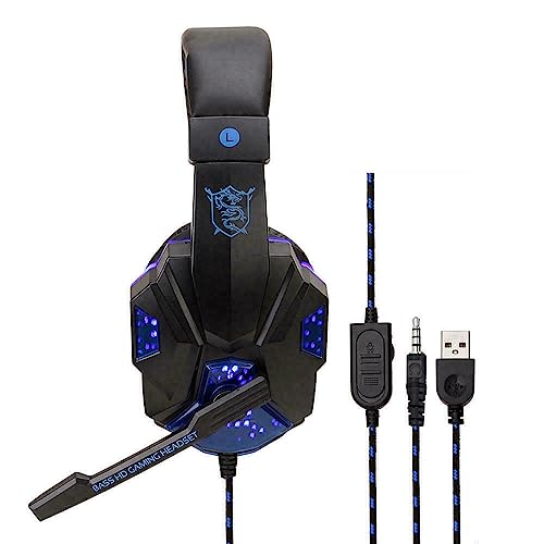 3.5mm Gaming Headset Mic LED Headphones Stereo Bass Surround for PC PS4 Xbox One (Black & Blue) - color: Black & Blue