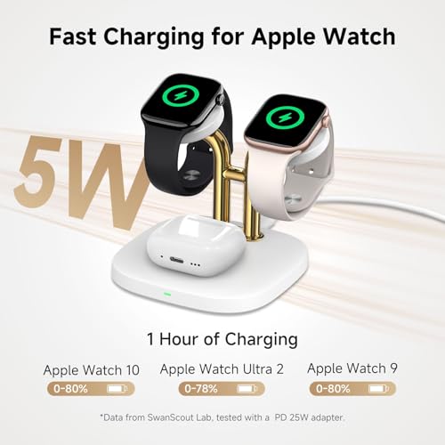 3 in 1 Dual Watch Wireless Charger Stand for Apple Watch Ultra/11 & AirPods | Dual magnetic watch charging, 5W Fast watch charge, Ergonomic design, Chrome plated plastic stand, Multi safety guard, 704A - color: White & Gold