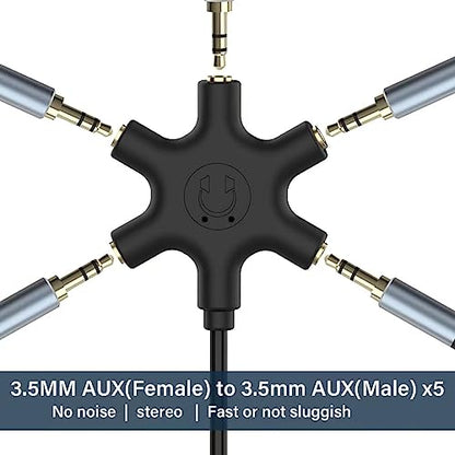 Multi Headphone Audio Splitter, 5-Way 3.5mm Jack Stereo Headset Adapter to Connect Up to 5 Devices for Mixing, Shared Experiences - for iPhone, iPad & More