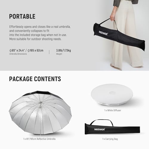NEEWER 65"/165cm Parabolic Reflective Umbrella Photography with Silver Inner, Soft Lighting with Diffuser Cover, Bag, Quick Fold for Camera Photo Studio Video Light Shooting Monolight Flash, NS3U - color: Silver, size: 65"