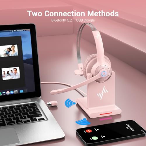 Bluetooth Wireless Headset with Mic for Work, Bluetooth 5.2, Advanced Noise Reduction Microphone, Clear Calls - Comfortable On-Ear Headphones, Applicable to PC, Laptop, Phone, Android, Zoom, Office - color: Pink