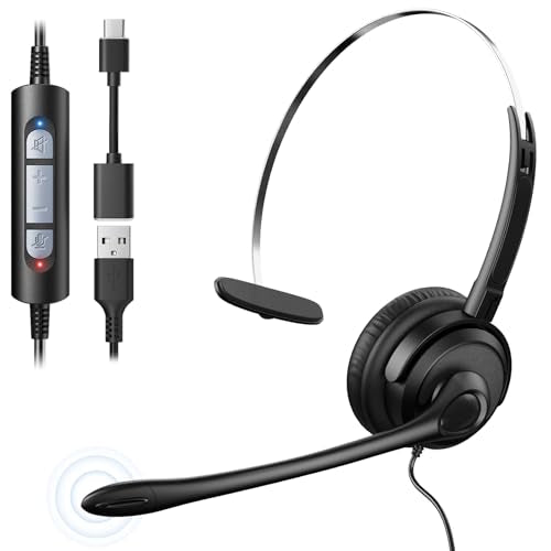 Voistek USB Headset with Noise Canceling Mic,Single-Ear Headset for PC | Mono Headphones with USB-A Cable & USB-C Adapter,In-Line Volume Control,Mute Button for Teams Zoom,Home Office - color: ink black