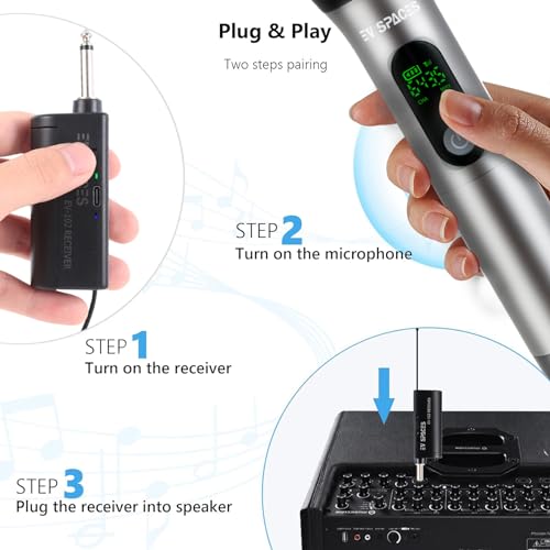 Rechargeable Wireless UHF Handheld Microphone, 200ft Dynamic Mic System | Aluminum alloy body, 6-hour runtime, 2-hour charging, 3.5mm & 6.35mm outputs, ideal for karaoke, weddings, speeches