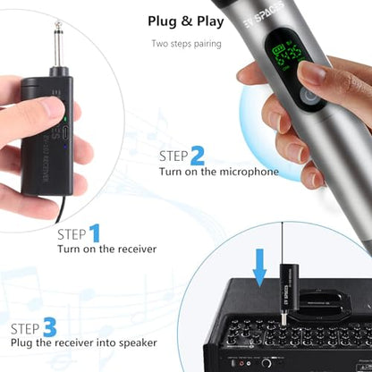 Rechargeable Wireless UHF Handheld Microphone, 200ft Dynamic Mic System | Aluminum alloy body, 6-hour runtime, 2-hour charging, 3.5mm & 6.35mm outputs, ideal for karaoke, weddings, speeches