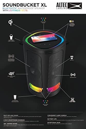 Altec Lansing Soundbucket XL - Waterproof Bluetooth Speaker with Customizable LED Lights, Qi Wireless Charging, 20 Hours Playtime & 100 Foot Range - style: Soundbucket XL