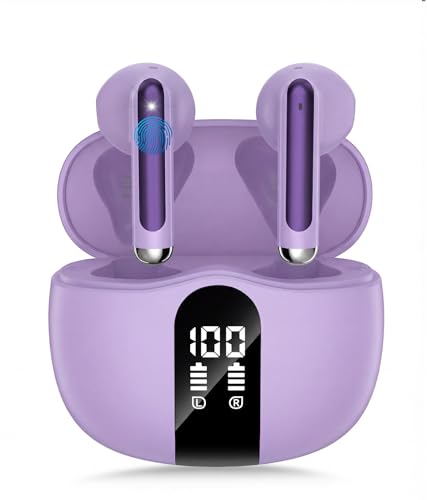 Wireless Earbuds, 2026 Bluetooth 5.4 Headphones Bass Stereo Ear Buds with Noise Cancelling Mic, LED Display in Ear Earphones 50H Playtime Ear Buds, IP7 Waterproof for Laptop Pad Phones Deep Purple - color: Deep Purple