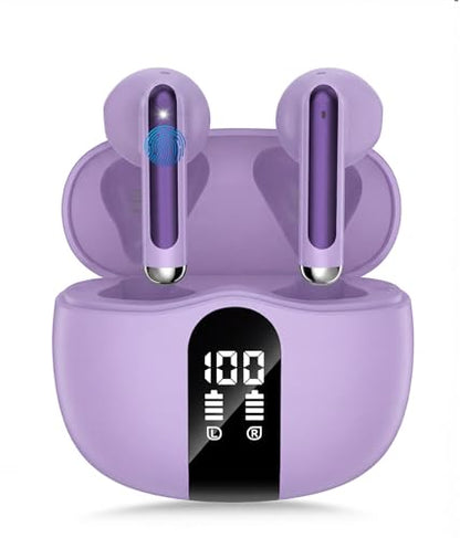 Wireless Earbuds, 2026 Bluetooth 5.4 Headphones Bass Stereo Ear Buds with Noise Cancelling Mic, LED Display in Ear Earphones 50H Playtime Ear Buds, IP7 Waterproof for Laptop Pad Phones Deep Purple - color: Deep Purple