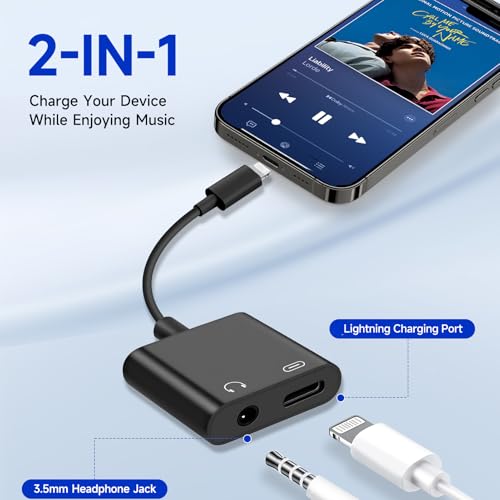 [Apple MFi Certified] 2-in-1 Charging & Audio Adapter for iPhone, Lightning to 3.5mm Headphone Jack Dongle Splitter, Supports Hi-Res Lossless Sound, Compatible with iPhone 14/13/12/11/XS/XR/8/7 1Pack - color: Black
