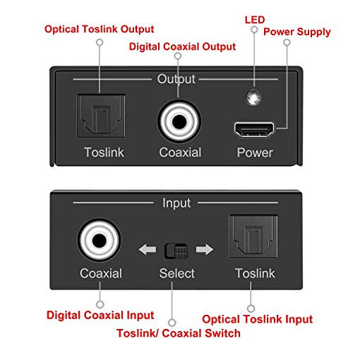 Optical to Coaxial or Coax to Optical Digital Audio Converter Adapter, Bi-Directional Digital Coaxial to/from SPDIF Optical (Toslink) Audio Signal Converter/Repeater