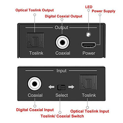 Optical to Coaxial or Coax to Optical Digital Audio Converter Adapter, Bi-Directional Digital Coaxial to/from SPDIF Optical (Toslink) Audio Signal Converter/Repeater