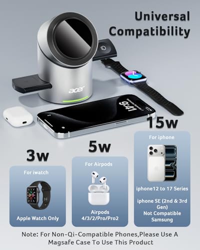 Acer Prime 3 in 1 Charging Station for Apple - Magnetic iPhone Wireless Charging Station, Magsafe Charger Stand for iPhone 17 16 15 14 13 12 - Apple Watch - Airpods Series (Charger & USB-C Included)