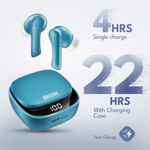 Groovz True Wireless Earbuds with Charging Case - Designed and Engineered in The USA - IPx4 Water Resistant Bluetooth Earbuds Compatible with Apple and Android - 27Hrs Battery Life - Teal - color: Teal