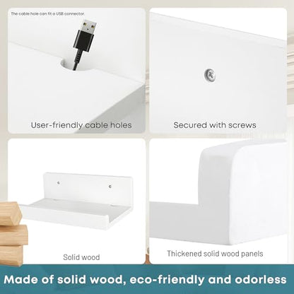 Floating Wall Shelves Set of 2, 12-Inch Solid Wood Shelves with Cable Holes, Small Display Shelf for Router, Webcam, Smart Speaker, Camera – White - color: White, size: 12 Inch-2 Pcs