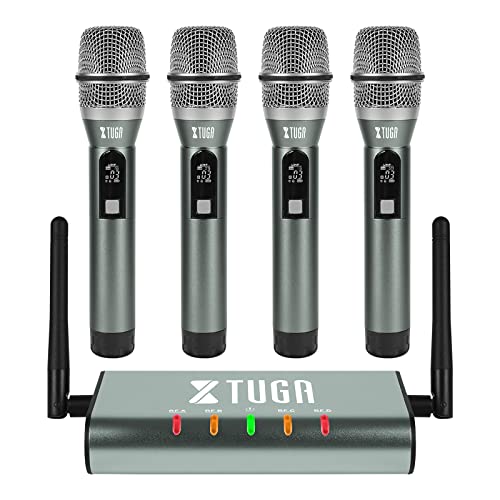 XTUGA UHF Wireless Microphone System,4 Channel Metal Handheld Mics(UF4600) | Plug and Play,164ft Coverage Range,Auto Sync Setup,Cordless Mics Set for Karaoke/Church/Party/Outdoor Events/Public Speaking