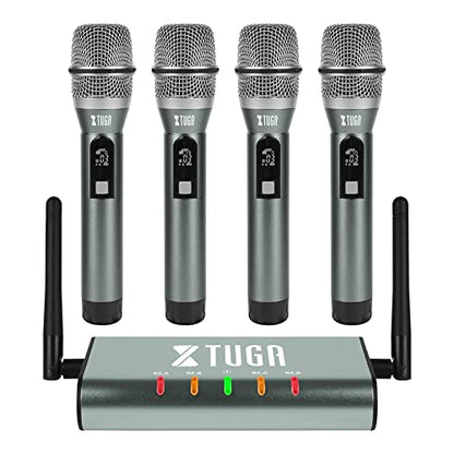XTUGA UHF Wireless Microphone System,4 Channel Metal Handheld Mics(UF4600) | Plug and Play,164ft Coverage Range,Auto Sync Setup,Cordless Mics Set for Karaoke/Church/Party/Outdoor Events/Public Speaking