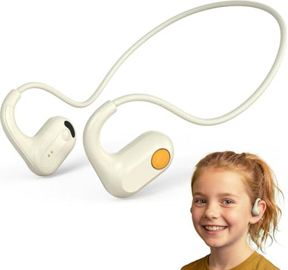 ANCwear Kids Open Ear Headphones, 85dB Volume Limit, Ages 5+ | 17g air conduction design with IPX6 water resistance, mic, magnetic charging and 10H battery for school, sports and travel - color: Beige