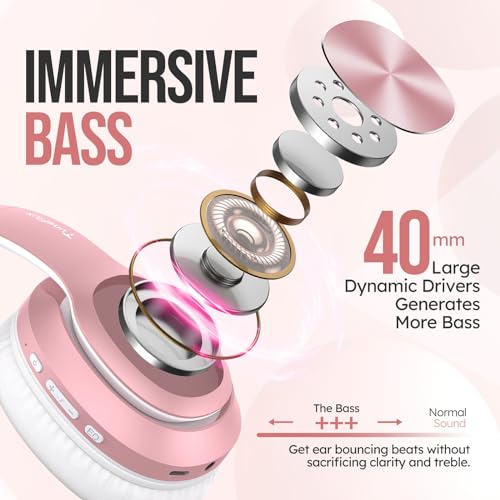 TuneFlux Wireless Bluetooth Headphones Over Ear, 80H Playtime, 3EQ Sound Modes, HiFi Stereo Headphones with Deep Bass, Foldable Bluetooth 5.3 Headsets for Smartphone/PC/Computer-Rose Gold - color: Rose Gold