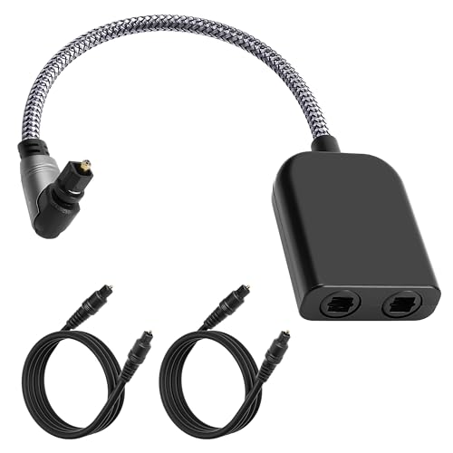 90 Degree Digital Optical Adapter Splitter 1 in 2 Out, Right Angle Toslink Digital Audio Fiber Optic Cable Splitter 1x2 for Soundbar, Headphones,TVs -with 2 Optical Audio Cables 6 Feet - color: 90 Degree Plug