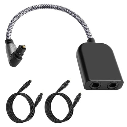 90 Degree Digital Optical Adapter Splitter 1 in 2 Out, Right Angle Toslink Digital Audio Fiber Optic Cable Splitter 1x2 for Soundbar, Headphones,TVs -with 2 Optical Audio Cables 6 Feet - color: 90 Degree Plug