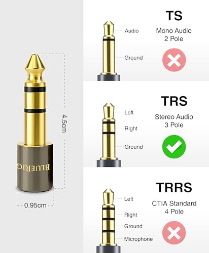BlueRigger 1-Pack 1/4 to 3.5mm adapter (TRS 1/4 to 1/8 AUX Audio Jack Converter, Gold Plated, Aluminum Shell, 6.35mm Male to 3.5mm Female) Stereo Headphone Adapter for AUX Cable Guitar Amplifier Piano - size: 6.35MM-3.5MM-ADPT