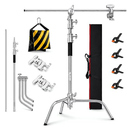C Stand with Boom Arm, 9.18ft/280cm Heavy Duty Stainless Steel Photography Light Stand | 40.6in Holding Arm, 2 Grip Heads, Turtle Base, 4 Spring Clamps, Sandbag & Carry Bag for Studio Video Lighting - size: M280 CSTAND + BAG + SANDBAG + 4PCS CLAMPS