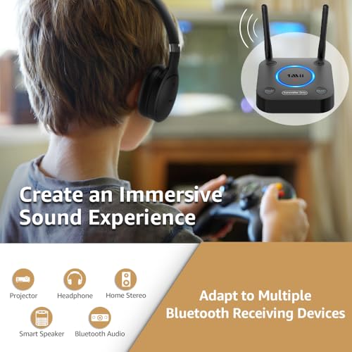 1Mii B06TX Bluetooth 5.3 Transmitter for TV to Wireless Headphone/Speaker, Bluetooth Adapter for TV w/Volume Control, AUX/RCA/Optical/Coaxial Audio Inputs, Plug n Play, aptX Low Latency & HD - color: B06TX_Black