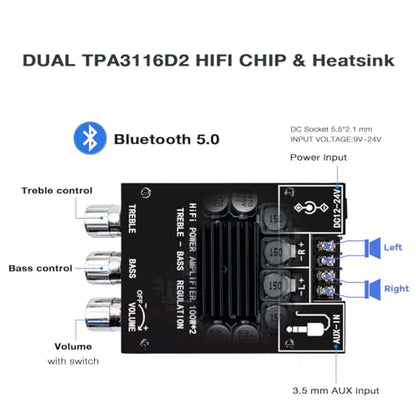 ZK-1002T 2x100W Bluetooth 5.0 Amplifier Board, TPA3116D2 2 Channel Stereo Audio Amp Module with Bass and Treble Control, DC 12V-24V Power Amplifier for DIY Home Passive Speakers - style: ZK-1002T