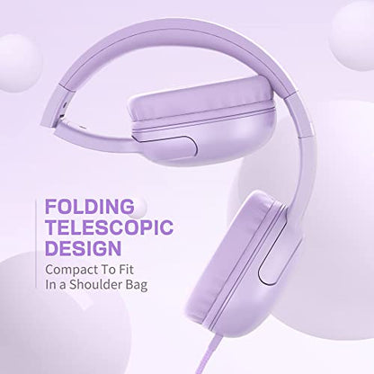 LORELEI E5 Wired Headphones for Kids Foldable & 3.5mm Jack Tangle Free Nylon Wire Stereo On Ear Headsets for Kids/Children/School/Tablet/Ipad/Kiddle/Plane (Purple) - color: Purple