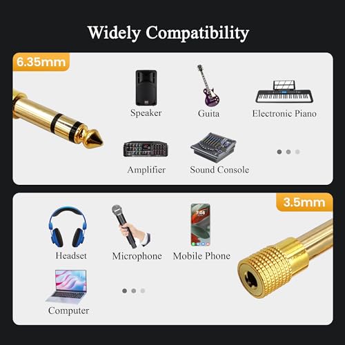 6.35MM Male to 3.5MM Female Adapter 1/4 to 1/8 Audio Adapter for Guitar Headphone 2pcs