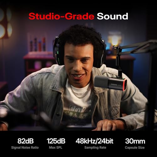 MAONO PD100W Wireless Dynamic Microphone for iPhone, Android & PC (Black) | USB-C & Lightning Receivers, Noise Reduction,RGB Lighting, Software EQ, for Gaming, Streaming and Content Creation - color: Black