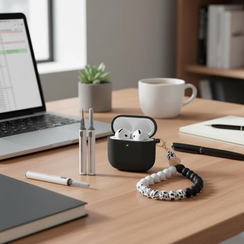 for Airpods 4th Case Cover, Come with Cleaner Kit,Soft Skin Silicone Case Cover with Keychain, Full Protective Case for Men and Women,Black Marble Pattern - color: B4-Black Marble Pattern