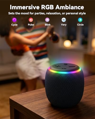 BassBloom Room 3 Portable Bluetooth Speaker, IPX6 Waterproof,12W JIKE BASS Powerful Stereo Sound with RGB Lights, TWS Pairing, Bluetooth 5.4, Great Gift Idea for on Any Surface at Home