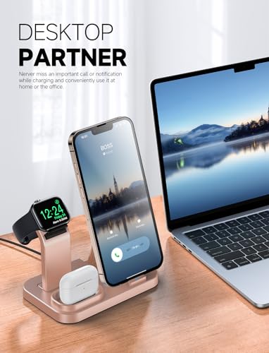 Wireless Charging Station 3 in 1 RJR Compatible with Apple Devices, Charging Dock for iWatch, Built-in Wireless Charger Stand for iPhone Series AirPods Gifts (with 18W Adapter) Rose Gold