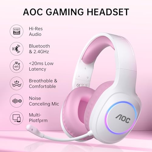 AOC PS5/4, 스위치, PC와 호환되는 무선 게이밍 헤드셋 - 핑크 | USB-C 및 블루투스 5.4 및 2.4GHz 게이밍 헤드폰, 노이즈 캔슬링 마이크, 7.1 가상 서라운드, 20ms 대기 시간, 45H, RGB - color: 핑크