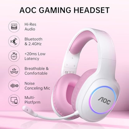 AOC PS5/4, 스위치, PC와 호환되는 무선 게이밍 헤드셋 - 핑크 | USB-C 및 블루투스 5.4 및 2.4GHz 게이밍 헤드폰, 노이즈 캔슬링 마이크, 7.1 가상 서라운드, 20ms 대기 시간, 45H, RGB - color: 핑크