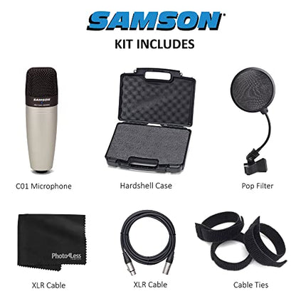 SAMSON C01 Studio Condenser Mic + Pop Filter + Mic Cable + Hook-&-Loop Cable Tie + Cleaning Cloth - Deluxe Microphone Bundle