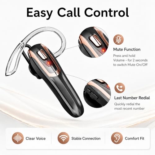 Bluetooth Earpiece Headset V6.0 with Noise Cancelling & 38 Hours Talk Time – Trucker Handsfree Earpiece, Dual Device Pairing, Single Ear Wireless Headphone for Cell Phone (Black with gold frame)