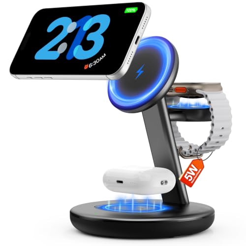 3 in 1 Magnetic Wireless Charger Stand for iPhone Apple Watch AirPods | for Apple Watch 5W Fast Charger,15W Magnetic Charging Station for iPhone 17 16 15 14 13 12 Series Wireless Charging Station