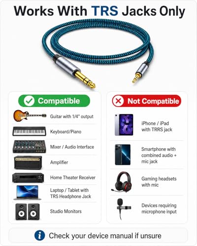 1/8 to 1/4 Stereo Audio Cable, 3.5mm to 6.35mm TRS Male Nylon Braided Cord for Guitar, Keyboard, Amplifier, Mixer, Home Theater 30FT - size: 30 ft
