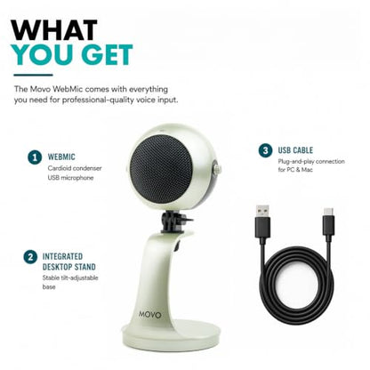 Movo WebMic USB Dictation Microphone in Silver – Cardioid for Vibe Coding - color: Palladian Silver